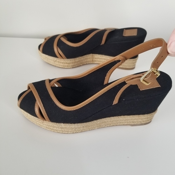Tory Burch Majorca Peep Toe Sling Back Espadrille Wedges Size 9.5 Black/Tan - Picture 11 of 13